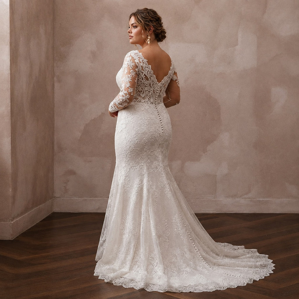 Plus Size Lace Mermaid Wedding Dress with Long Sleeves - Apparel & Accessories > Clothing > Wedding & Bridal Party Dresses > Wedding Dresses - Mignonette Bridal