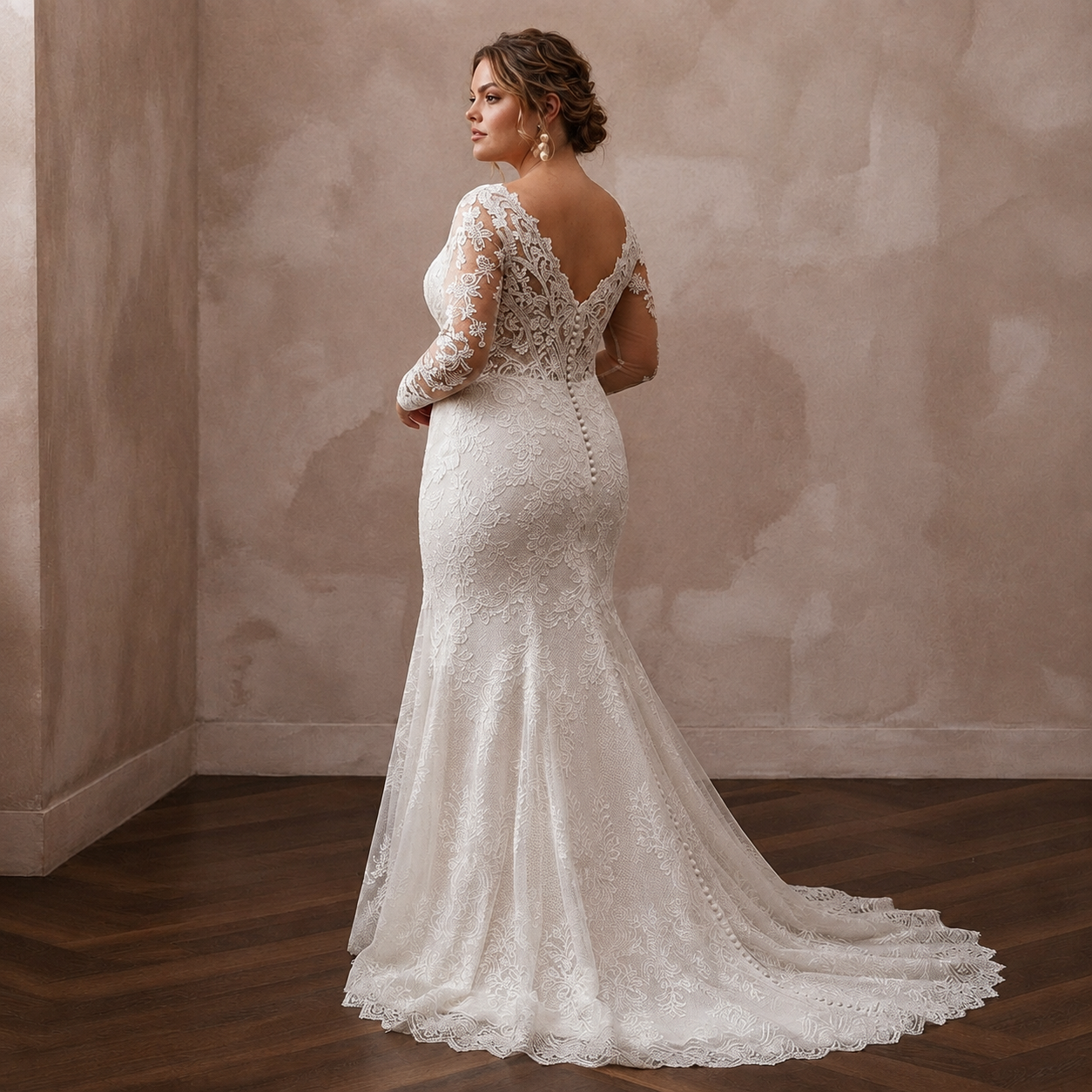Plus Size Lace Mermaid Wedding Dress with Long Sleeves
