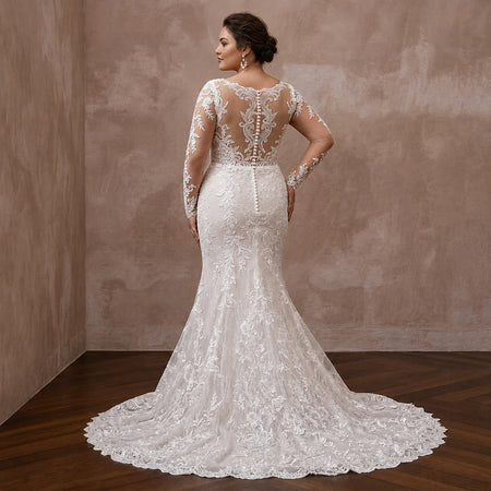 Plus Size Lace Mermaid Wedding Dress with Long Sleeves