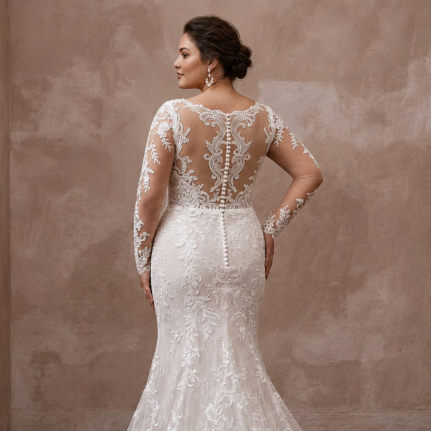Plus Size Lace Mermaid Wedding Dress with Long Sleeves