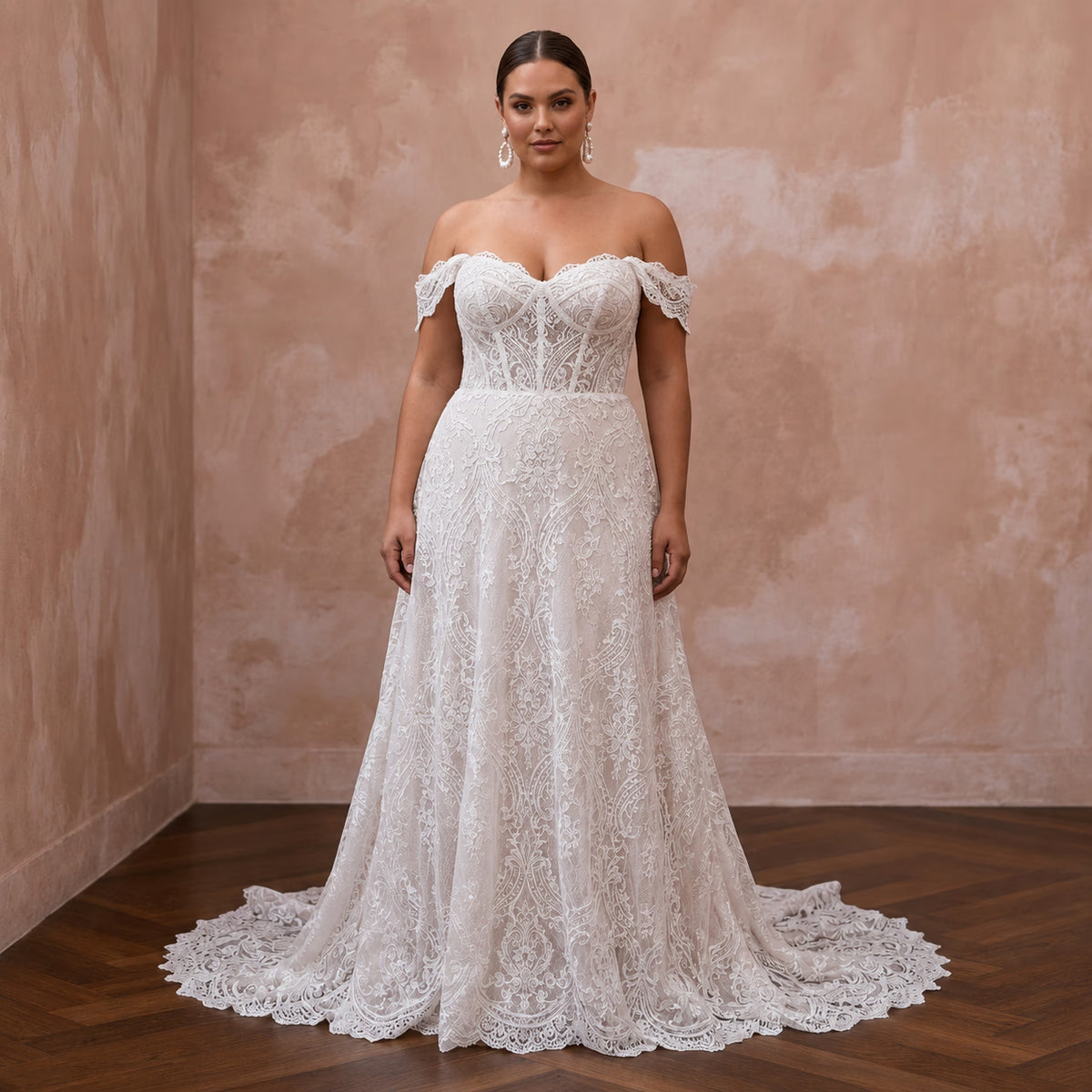 Plus size lace off-shoulder A-line wedding dress, white, full-length front view Main image