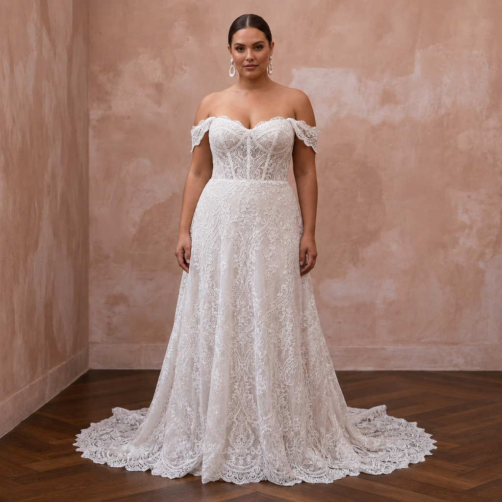 Plus size lace off-shoulder A-line wedding dress, white, full-length front view