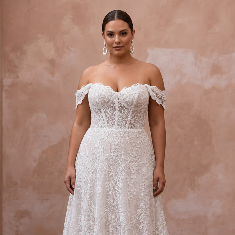 Plus size lace off-shoulder A-line wedding dress, white, front torso detail