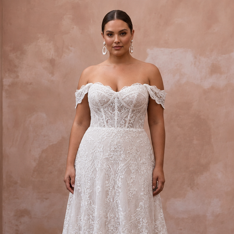 Plus size lace off-shoulder A-line wedding dress, white, front torso detail