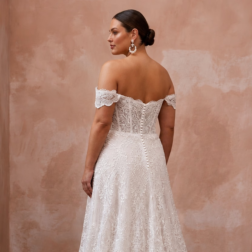 Plus size lace off-shoulder A-line wedding dress, white, back shoulder and bodice