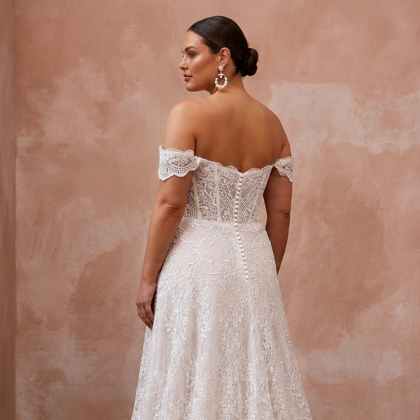 Plus size lace off-shoulder A-line wedding dress, white, back shoulder and bodice