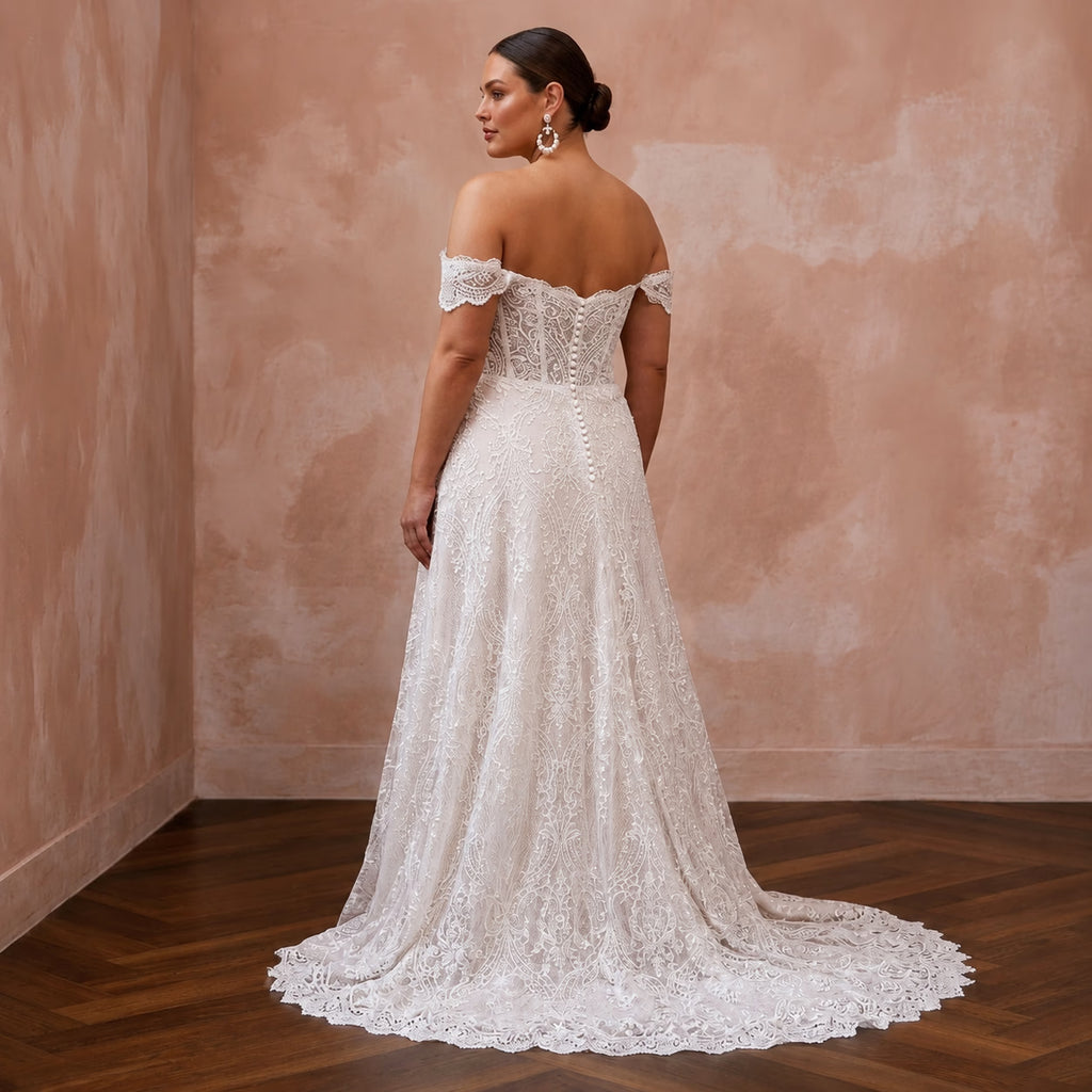 Plus size lace off-shoulder A-line wedding dress, white, back view