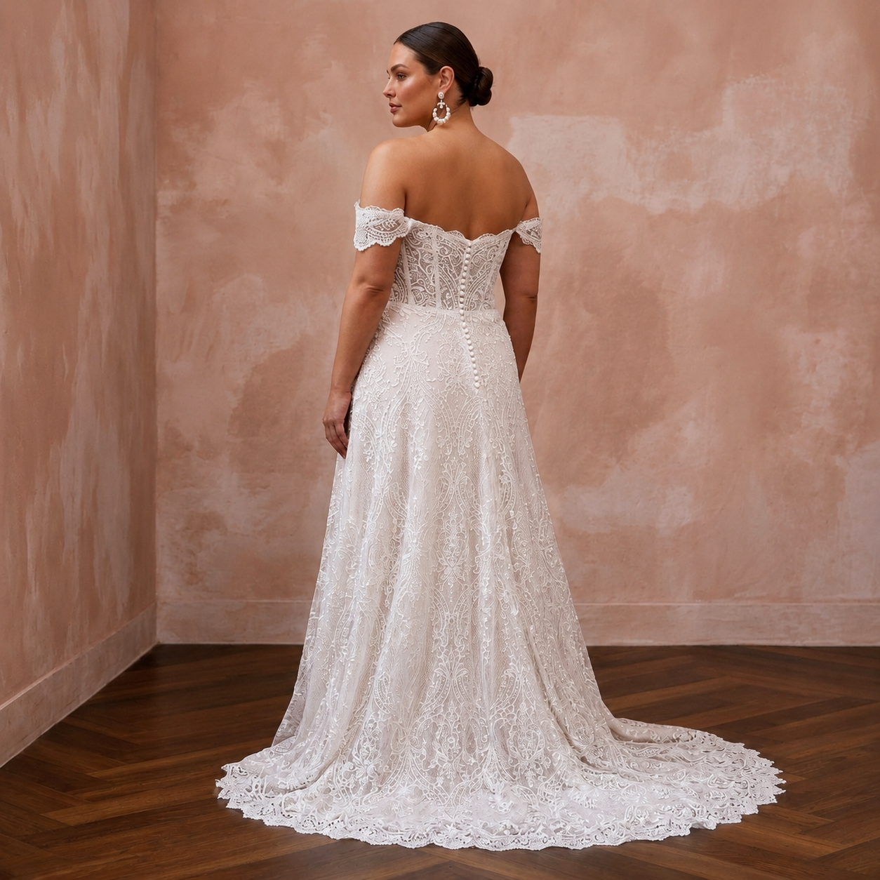 Plus size lace off-shoulder A-line wedding dress, white, back view