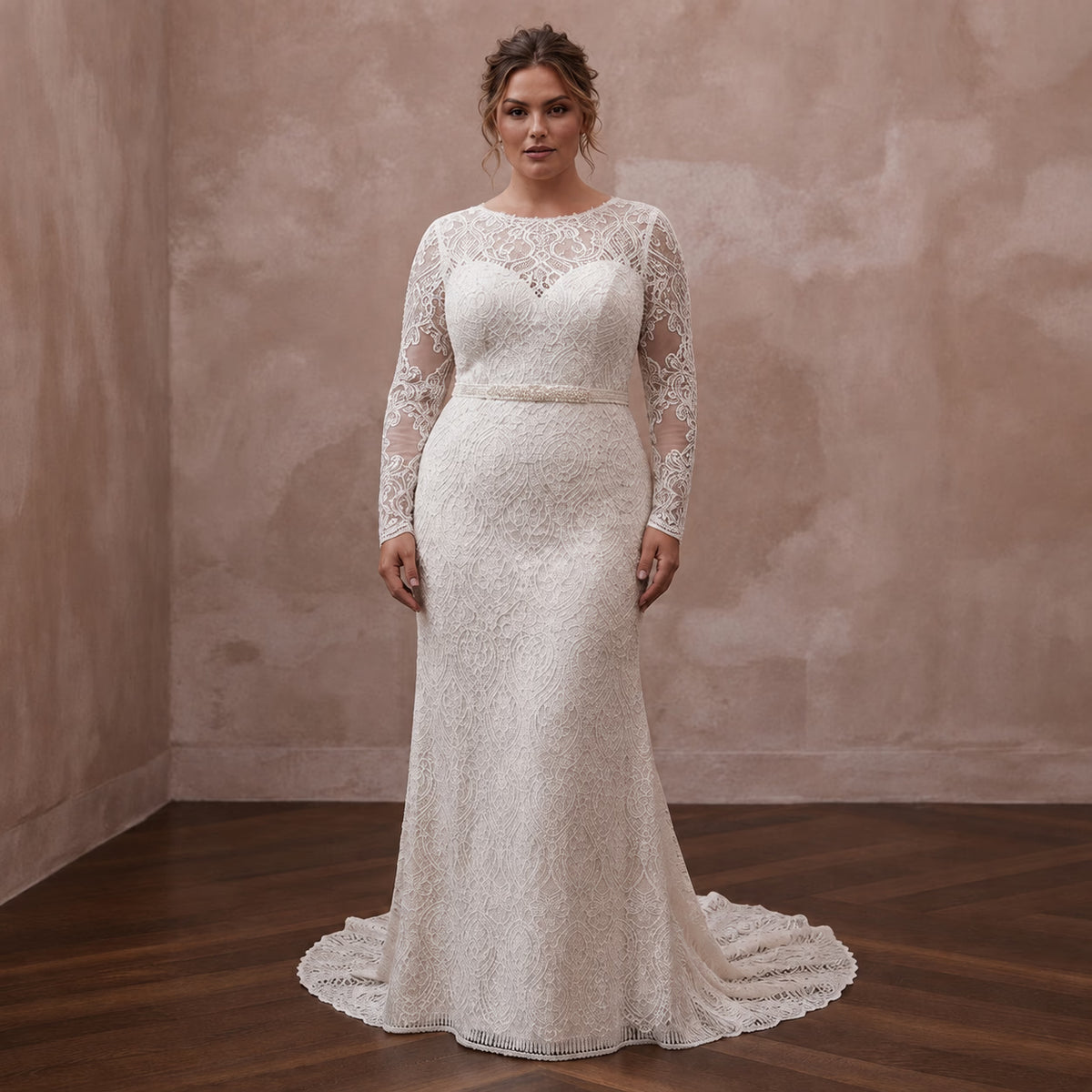Plus Size Lace Sheath Wedding Dress with Long Sleeves - Apparel & Accessories > Clothing > Wedding & Bridal Party Dresses > Wedding Dresses - Mignonette Bridal Main image