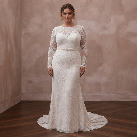 Plus Size Lace Sheath Wedding Dress with Long Sleeves - Apparel & Accessories > Clothing > Wedding & Bridal Party Dresses > Wedding Dresses - Mignonette Bridal