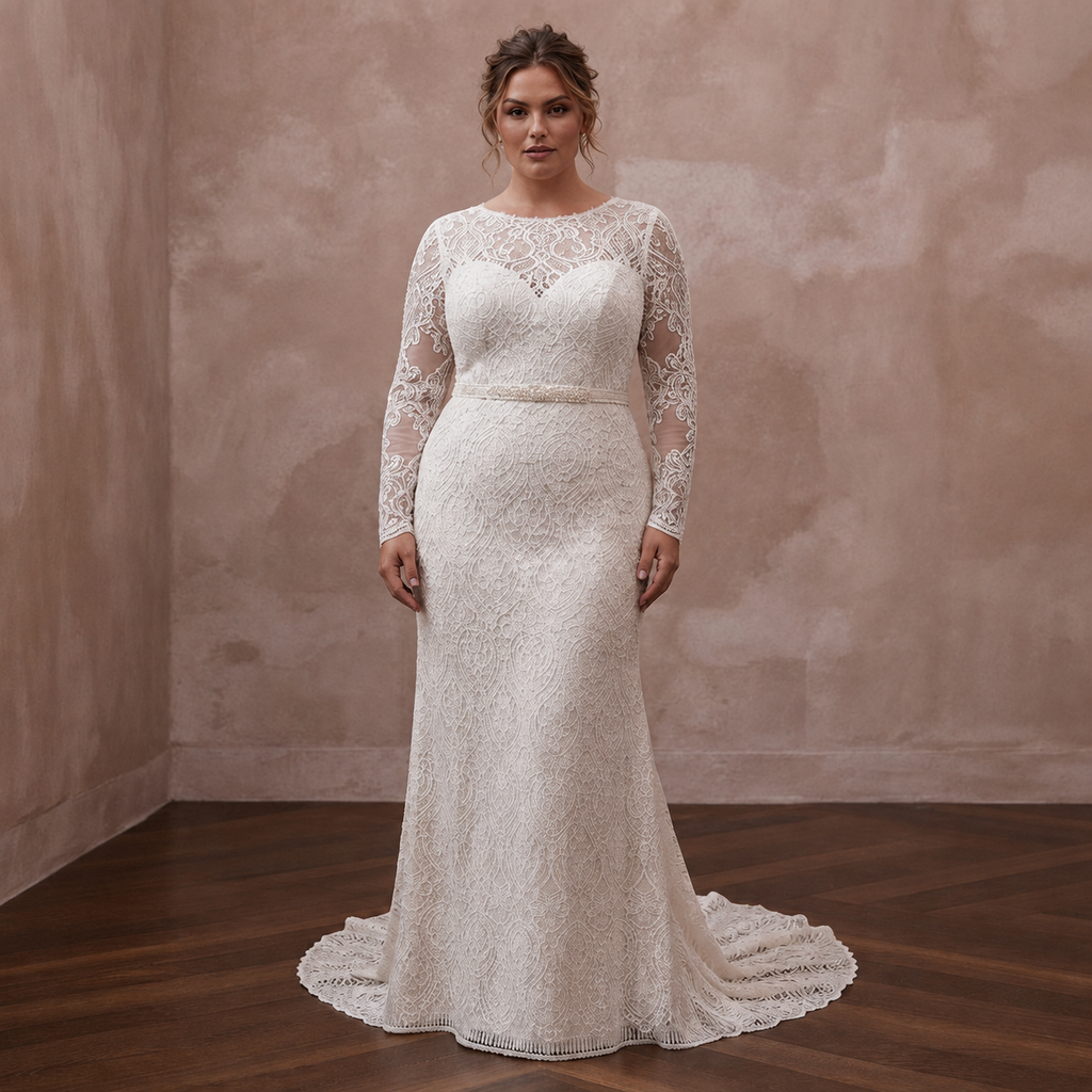 Plus Size Lace Sheath Wedding Dress with Long Sleeves - Apparel & Accessories > Clothing > Wedding & Bridal Party Dresses > Wedding Dresses - Mignonette Bridal