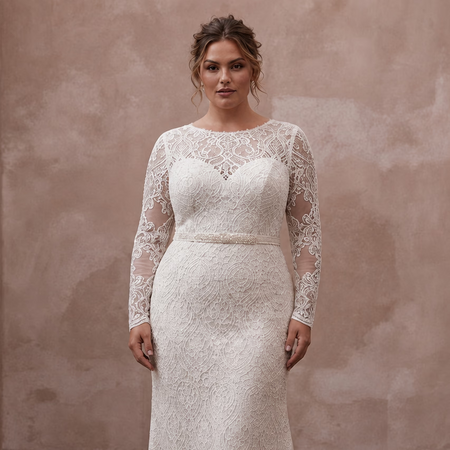 Plus Size Lace Sheath Wedding Dress with Long Sleeves - Apparel & Accessories > Clothing > Wedding & Bridal Party Dresses > Wedding Dresses - Mignonette Bridal