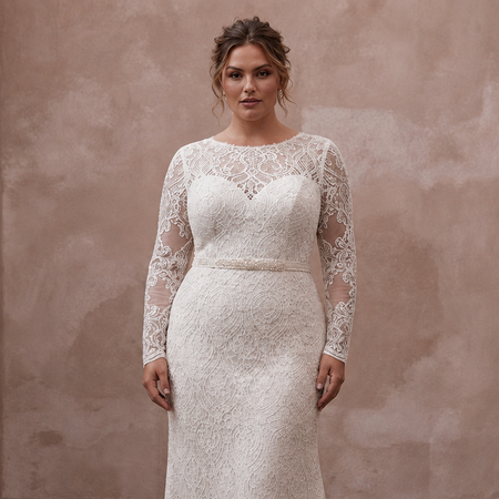 Plus Size Lace Sheath Wedding Dress with Long Sleeves - Apparel & Accessories > Clothing > Wedding & Bridal Party Dresses > Wedding Dresses - Mignonette Bridal
