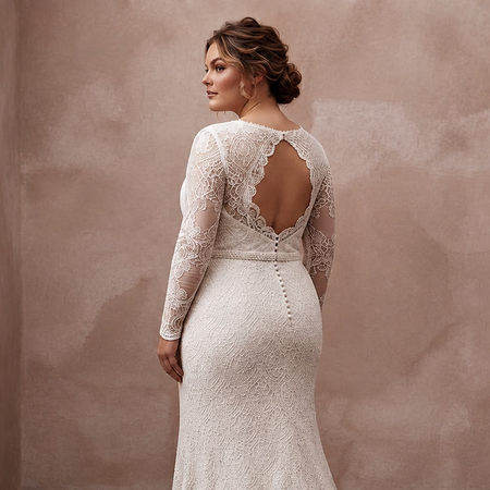 Plus Size Lace Sheath Wedding Dress with Long Sleeves - Apparel & Accessories > Clothing > Wedding & Bridal Party Dresses > Wedding Dresses - Mignonette Bridal