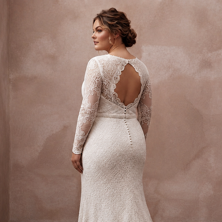 Plus Size Lace Sheath Wedding Dress with Long Sleeves - Apparel & Accessories > Clothing > Wedding & Bridal Party Dresses > Wedding Dresses - Mignonette Bridal