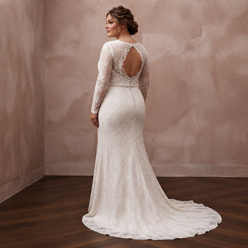 Plus Size Lace Sheath Wedding Dress with Long Sleeves - Apparel & Accessories > Clothing > Wedding & Bridal Party Dresses > Wedding Dresses - Mignonette Bridal