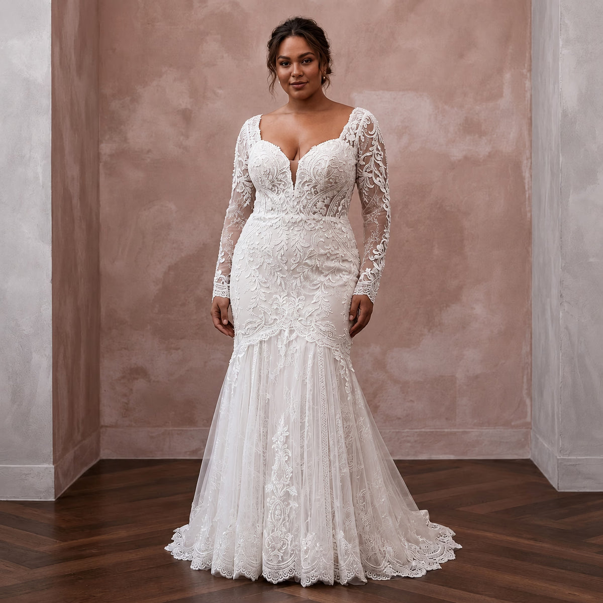 Plus Size Lace Trumpet Wedding Dress with Long Sleeves - Apparel & Accessories > Clothing > Wedding & Bridal Party Dresses > Wedding Dresses - Mignonette Bridal Main image