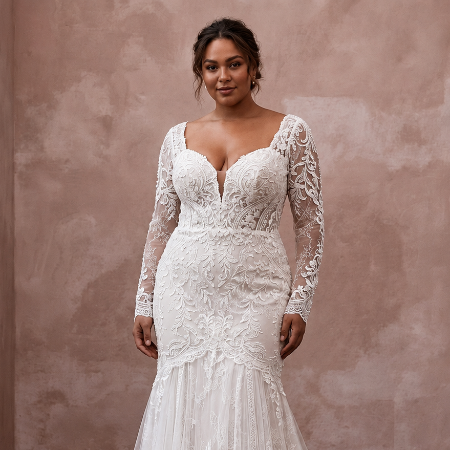 Plus Size Lace Trumpet Wedding Dress with Long Sleeves - Apparel & Accessories > Clothing > Wedding & Bridal Party Dresses > Wedding Dresses - Mignonette Bridal