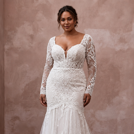 Plus Size Lace Trumpet Wedding Dress with Long Sleeves - Apparel & Accessories > Clothing > Wedding & Bridal Party Dresses > Wedding Dresses - Mignonette Bridal