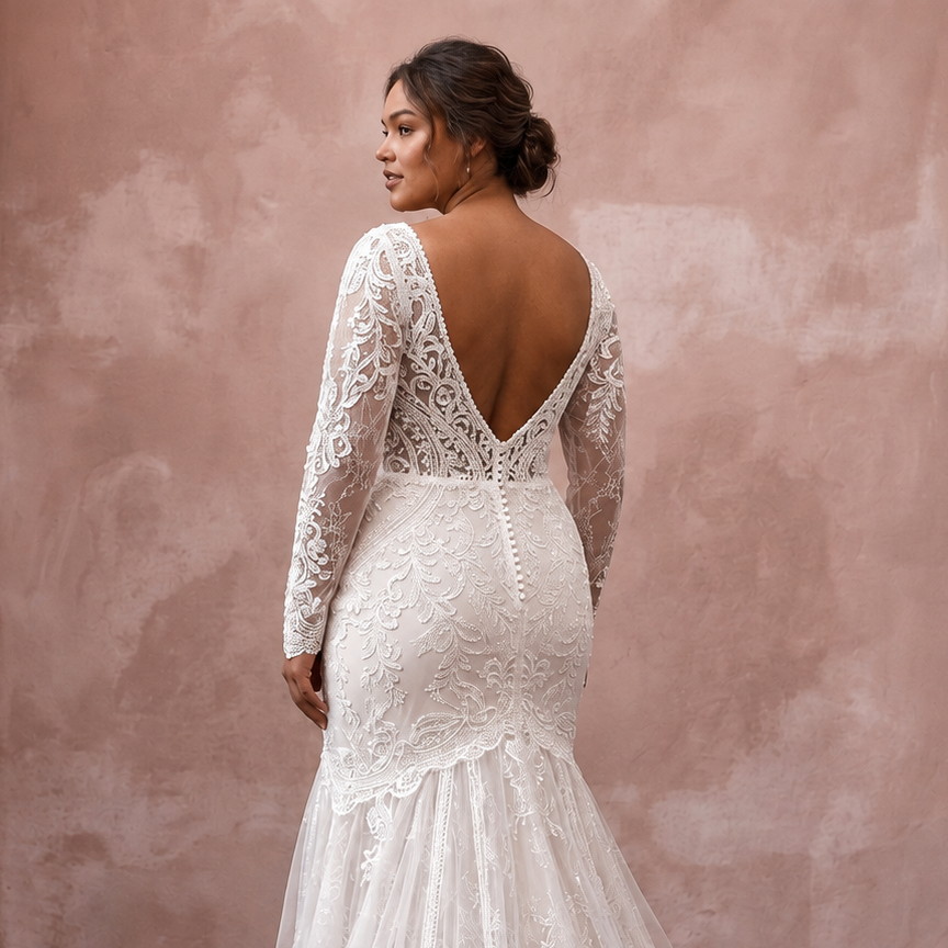 Plus Size Lace Trumpet Wedding Dress with Long Sleeves - Apparel & Accessories > Clothing > Wedding & Bridal Party Dresses > Wedding Dresses - Mignonette Bridal