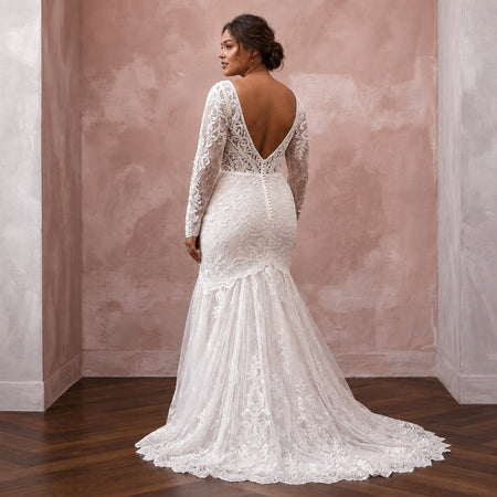 Plus Size Lace Trumpet Wedding Dress with Long Sleeves - Apparel & Accessories > Clothing > Wedding & Bridal Party Dresses > Wedding Dresses - Mignonette Bridal