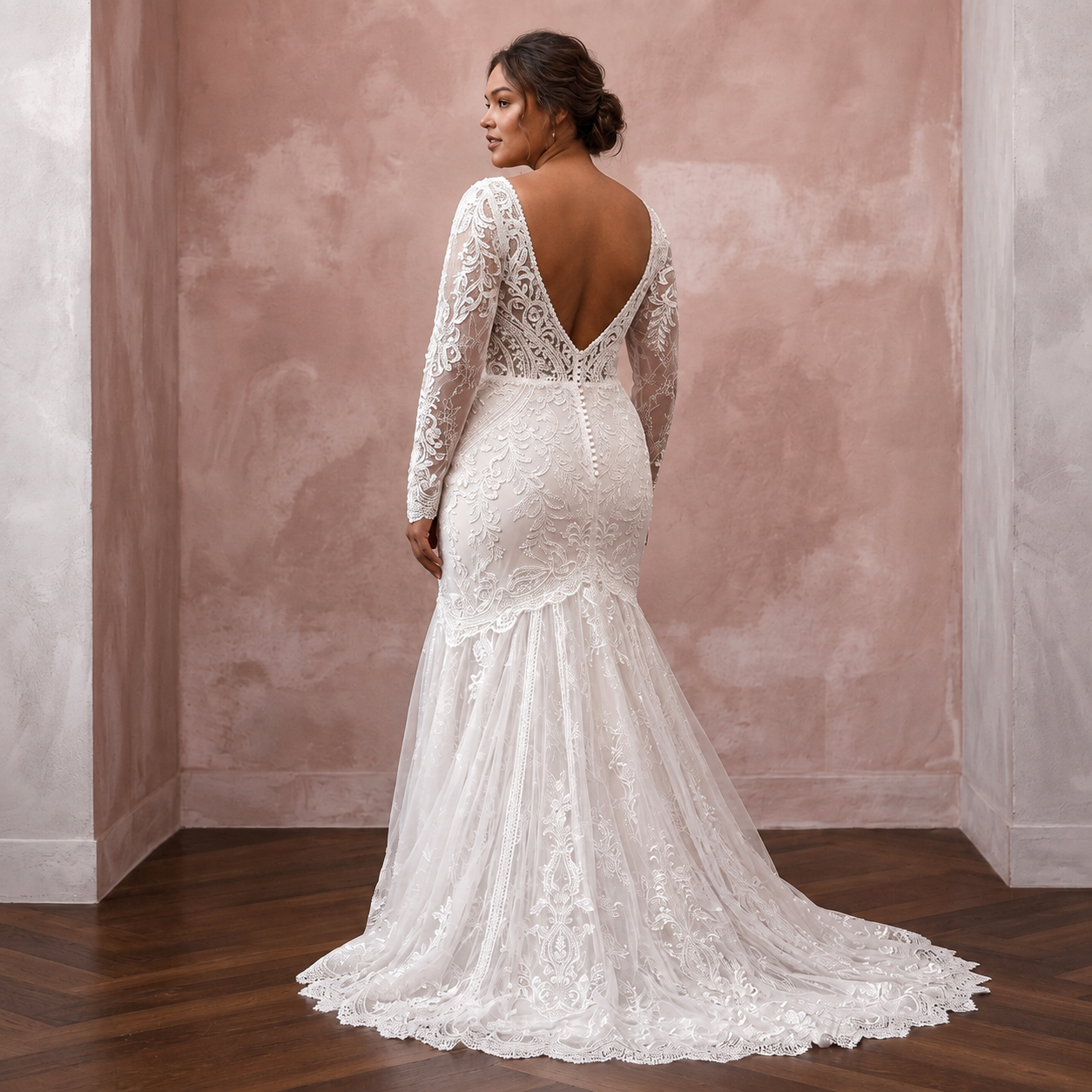 Plus Size Lace Trumpet Wedding Dress with Long Sleeves - Apparel & Accessories > Clothing > Wedding & Bridal Party Dresses > Wedding Dresses - Mignonette Bridal