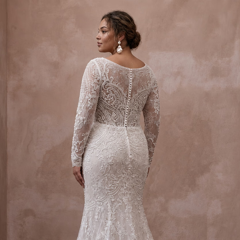 Plus Size Lace Trumpet Wedding Dress with Long Sleeves