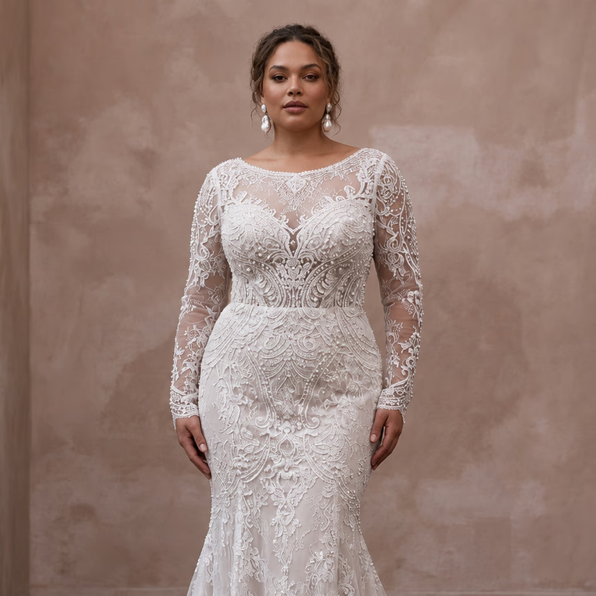 Plus Size Lace Trumpet Wedding Dress with Long Sleeves