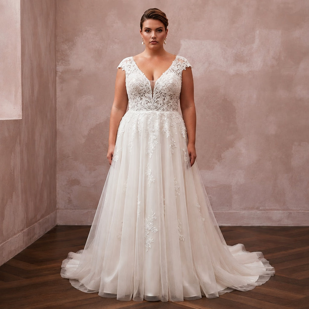 Plus size lace V-neck A-line wedding dress, sleeveless with tulle skirt
