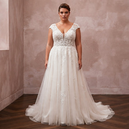 Plus size lace V-neck A-line wedding dress, sleeveless with tulle skirt