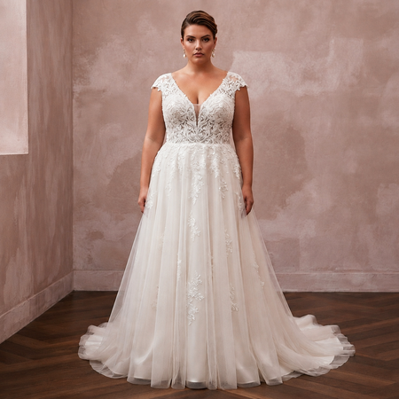 Plus size lace V-neck A-line wedding dress, sleeveless with tulle skirt