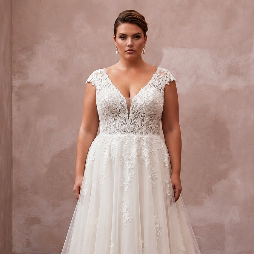 Sleeveless lace V-neck A-line wedding dress with embroidered bodice and tulle skirt