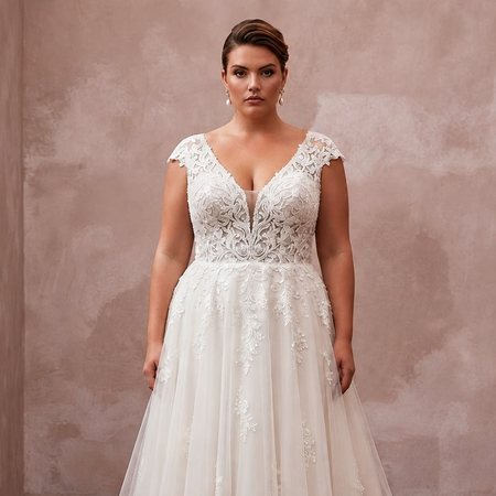 Sleeveless lace V-neck A-line wedding dress with embroidered bodice and tulle skirt