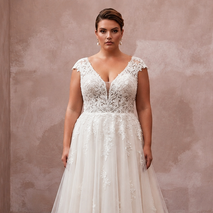 Sleeveless lace V-neck A-line wedding dress with embroidered bodice and tulle skirt