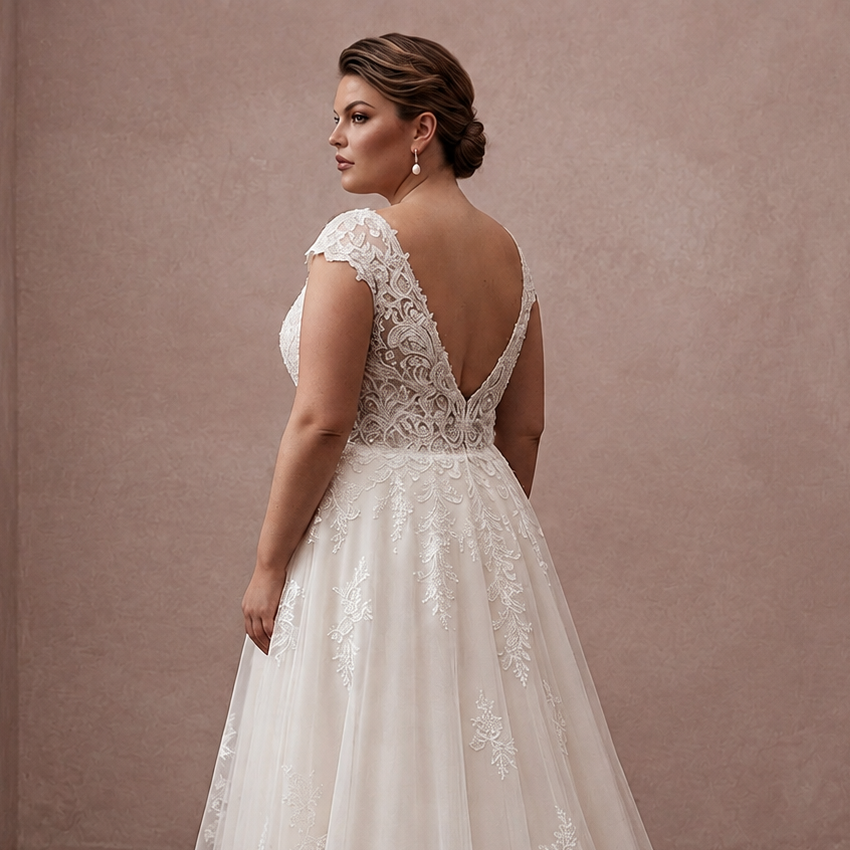 Lace A-line wedding dress with open V-shaped back and embroidered appliques