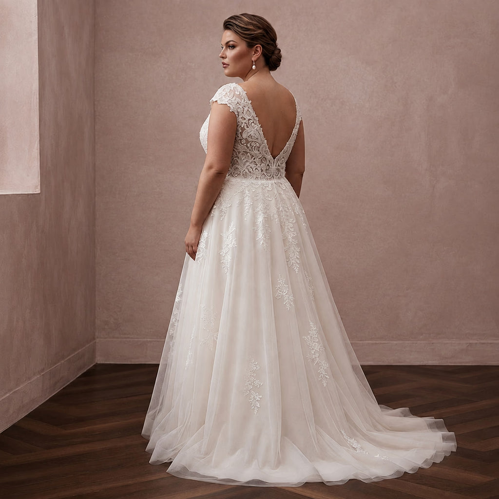 Back view lace wedding dress with illusion back V and flowing A-line tulle skirt