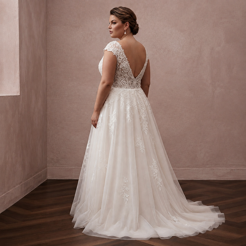Back view lace wedding dress with illusion back V and flowing A-line tulle skirt