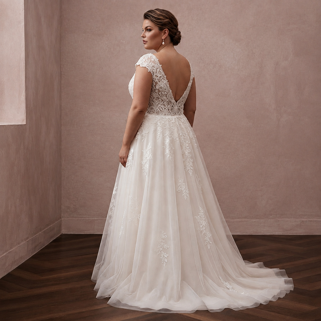 Back view lace wedding dress with illusion back V and flowing A-line tulle skirt