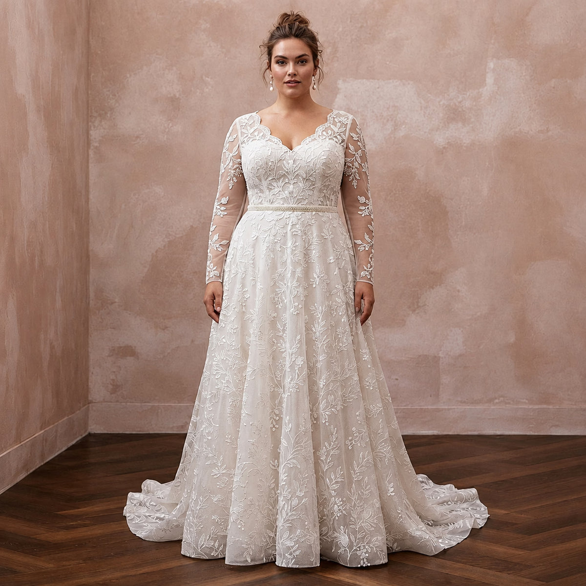 Ivory lace A-line wedding dress with long sleeves and V-neck bodice Main image