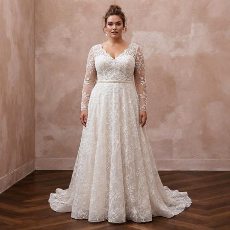 Ivory lace A-line wedding dress with long sleeves and V-neck bodice