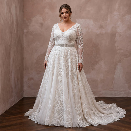 Plus Size Lace Wedding Dress with Long Sleeves and A-Line Silhouette