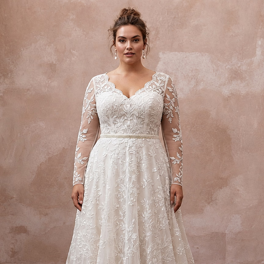 Ivory lace long-sleeve wedding dress with V neckline and fitted waist