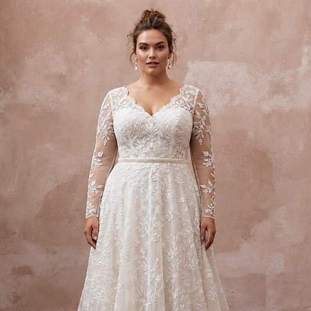 Ivory lace long-sleeve wedding dress with V neckline and fitted waist