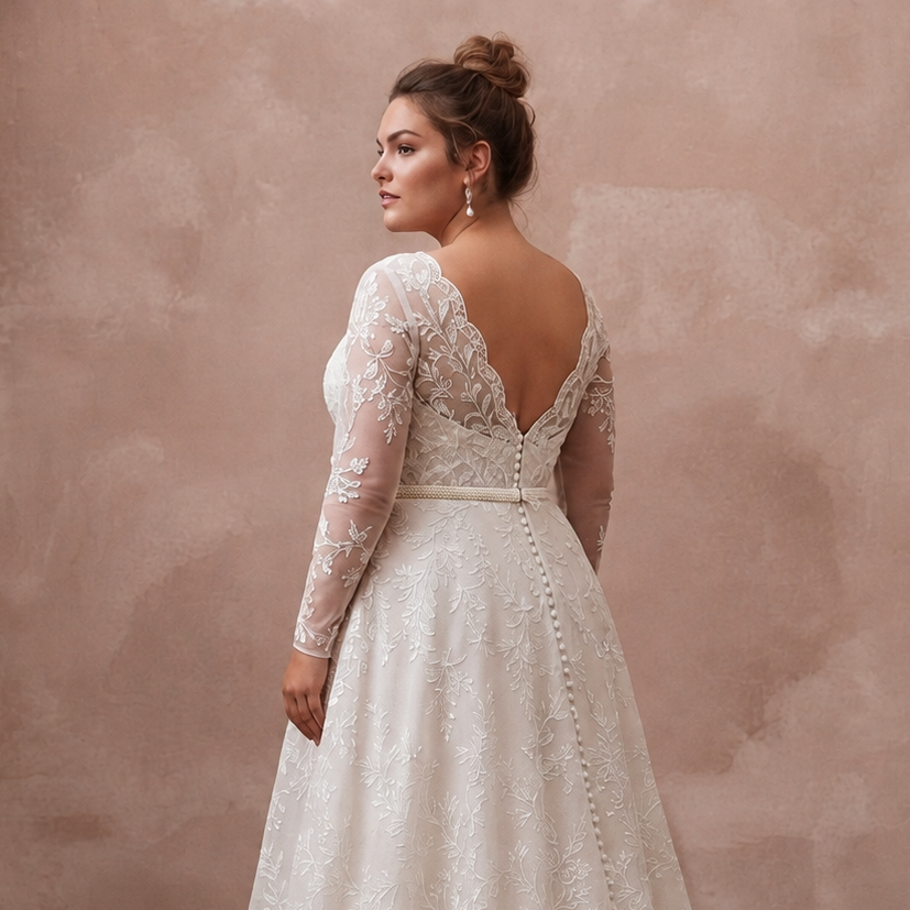 Ivory lace A-line wedding dress with sheer long sleeves and low open back