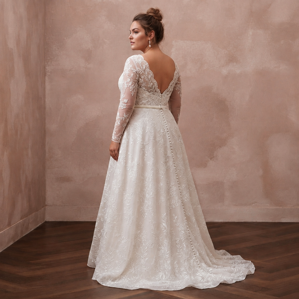 Ivory lace A-line wedding dress with long sleeves and open back