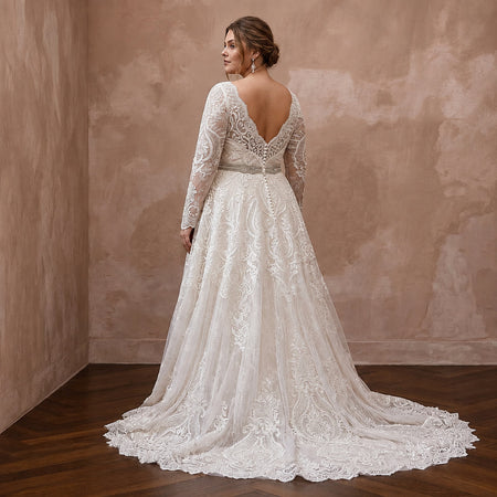 Plus Size Lace Wedding Dress with Long Sleeves and A-Line Silhouette