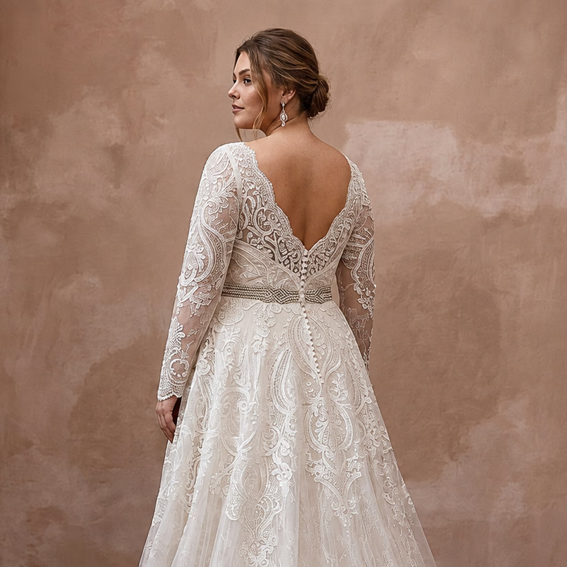 Plus Size Lace Wedding Dress with Long Sleeves and A-Line Silhouette