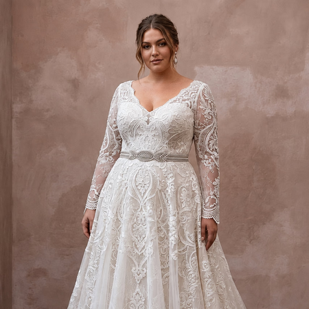 Plus Size Lace Wedding Dress with Long Sleeves and A-Line Silhouette