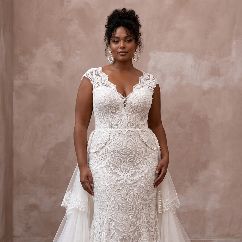 Plus Size Lace Wedding Gown with Detachable Train