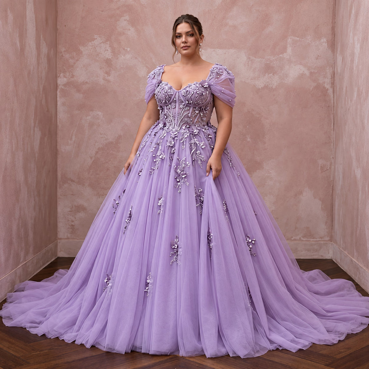 Plus Size Lilac Purple Tulle Embellished Ball Gown